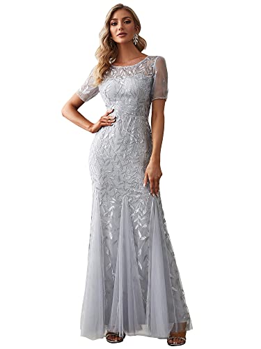 Ever-Pretty Damen Abendkleid Meerjungfrau Pailletten Tüll Partykleid Kurze Ärmel lang Silber 38 von Ever-Pretty