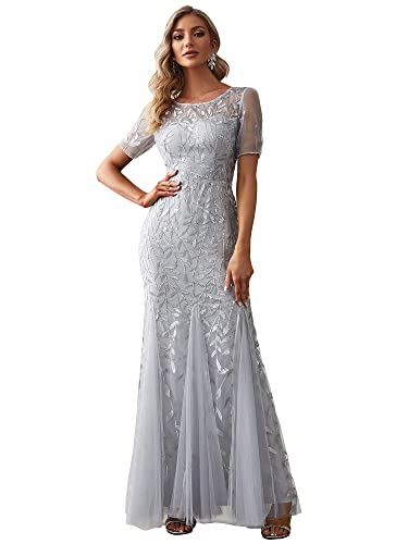 Ever-Pretty Damen Abendkleid Meerjungfrau Pailletten Tüll Partykleid Kurze Ärmel lang Silber 40 von Ever-Pretty
