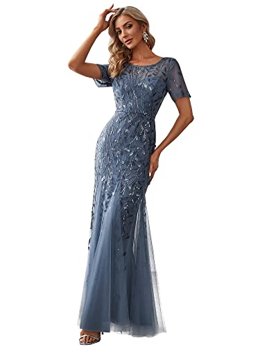 Ever-Pretty Damen Abendkleid Meerjungfrau Pailletten Tüll Partykleid Kurze Ärmel lang Staubige Marine 42 von Ever-Pretty