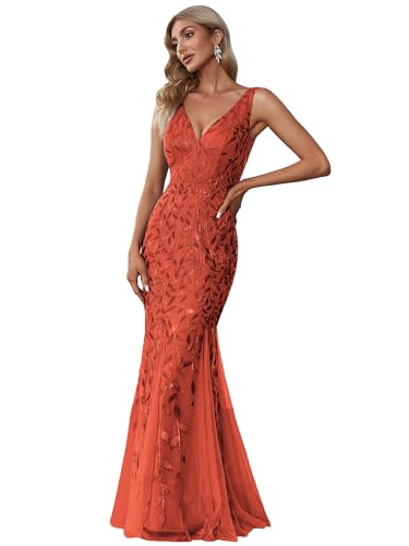 Ever-Pretty Damen Abendkleid Meerjungfrau Pailletten Tüll V Ausschnitt lang Gebrannte Orange 38 von Ever-Pretty