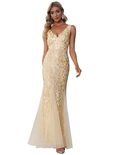 Ever-Pretty Damen Abendkleid Meerjungfrau Pailletten Tüll V Ausschnitt lang Gold 46 von Ever-Pretty