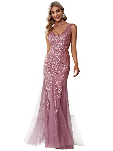 Ever-Pretty Damen Abendkleid Meerjungfrau Pailletten Tüll V Ausschnitt lang Orchidee 44 von Ever-Pretty