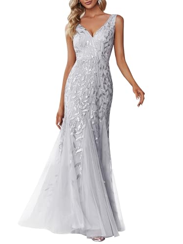 Ever-Pretty Damen Abendkleid Meerjungfrau Pailletten Tüll V Ausschnitt lang Silber 48 von Ever-Pretty