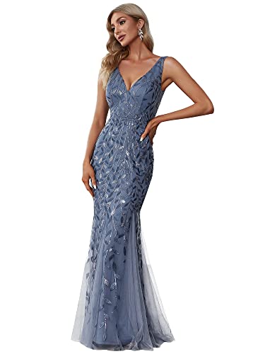 Ever-Pretty Damen Abendkleid Meerjungfrau Pailletten Tüll V Ausschnitt lang Staubiges Blau 40 von Ever-Pretty