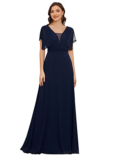 Ever-Pretty Damen Abendkleid V-Ausschnitt Lotusblattärmel Hohe Taille Chiffon Elegant Maxi Navy Blau 46EU von Ever-Pretty