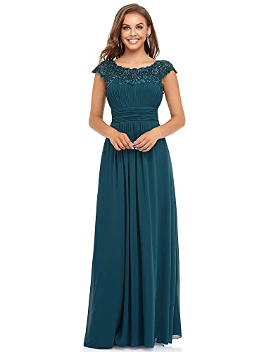 Ever-Pretty Damen Abendkleider Kurze Ärmel Rundkragen Spitze Empire A-Linie Elegant Chiffon Bodenlang Abendkleider Blaugrün 36EU von Ever-Pretty