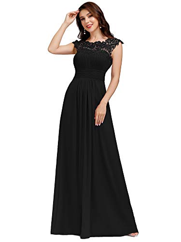 Ever-Pretty Damen Abendkleider Kurze Ärmel Rundkragen Spitze Empire A-Linie Elegant Chiffon Bodenlang Brautjungfernkleider Schwarz 46EU von Ever-Pretty