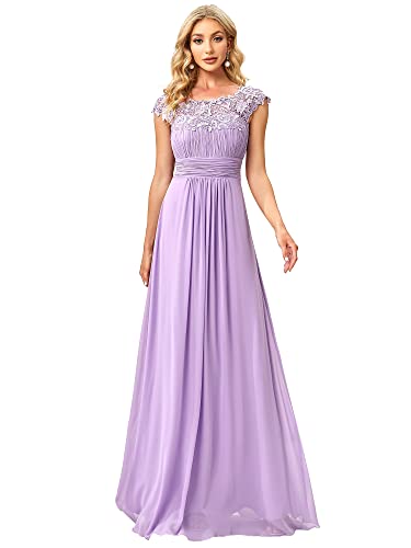 Ever-Pretty Damen Abendkleider Kurze Ärmel Rundkragen Spitze Empire A-Linie Elegant Chiffon Bodenlang Cocktailkleider Lavendel 54EU von Ever-Pretty