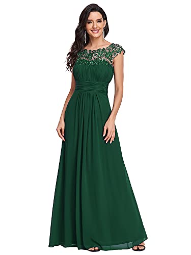 Ever-Pretty Damen Abendkleider Kurze Ärmel Rundkragen Spitze Empire A-Linie Elegant Chiffon Bodenlang Partykleider Dunkelgrün 52EU von Ever-Pretty