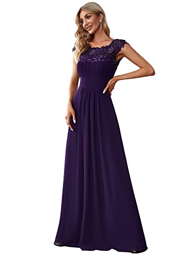 Ever-Pretty Damen Abendkleider Kurze Ärmel Rundkragen Spitze Empire A-Linie Elegant Chiffon Bodenlang Spitzenkleider Dunkelviolett 38EU von Ever-Pretty