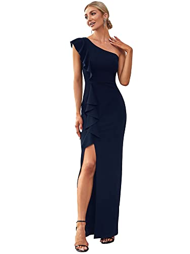 Ever-Pretty Damen Abendkleider Maxi Dehnbar Eine Schulter Rüschen Teilt Unregelmäßig Sommer Elegant Navy blau L von Ever-Pretty