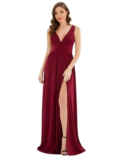 Ever-Pretty Damen Abendkleider lang Hohe Dehnung Asymmetrisch Dekolletiert V-Ausschnitt A-Linie Rot 36EU von Ever-Pretty
