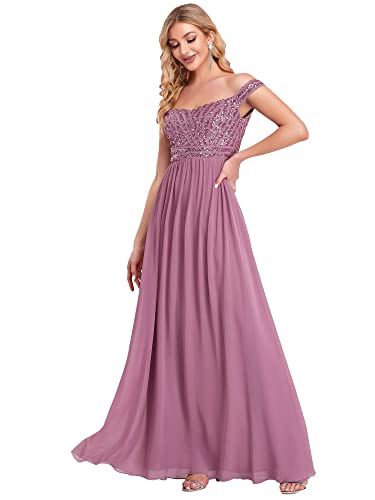 Ever-Pretty Damen Abschulter Empire A-Linie Elegant Chiffon mit Pailletten Lang Cocktailkleider Staubiges Blau 42EU von Ever-Pretty