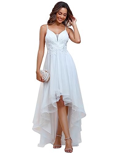 Ever-Pretty Damen Ballkleider Asymmetrisch Spitze Bodenlang V-Ausschnitt Tüll Rückenfrei Elegant Weiß 40EU von Ever-Pretty