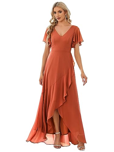 Ever-Pretty Damen Ballkleider Asymmetrisch V-Ausschnitt Bodenlang Chiffon Rückenfrei Elegant Gebranntes Orange 40EU von Ever-Pretty