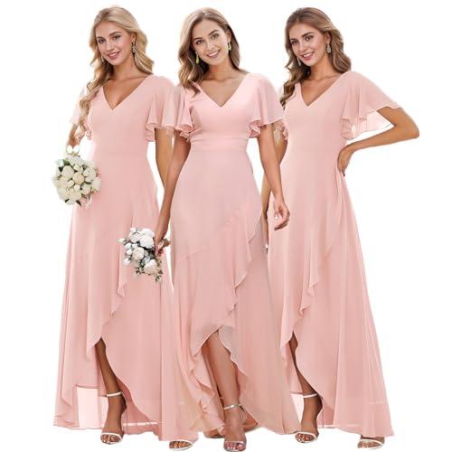 Ever-Pretty Damen Ballkleider Asymmetrisch V-Ausschnitt Bodenlang Chiffon Rückenfrei Elegant Rosa 40EU von Ever-Pretty