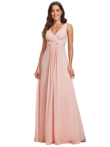 Ever-Pretty Damen Ballkleider Bodenlang Elegant Ärmellos V-Ausschnitt Chiffon Rückenfrei Rosa 48EU von Ever-Pretty