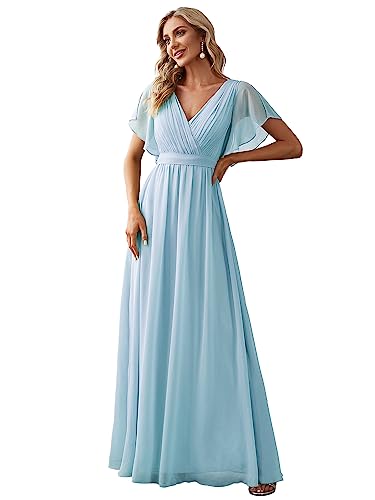 Ever-Pretty Damen Ballkleider Gürtel A-Linie Empire Kurze Ärmel Cocktailkleider V-Ausschnitt Chiffon Elegant Himmelblau 54EU von Ever-Pretty