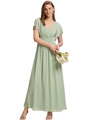 Ever-Pretty Damen Ballkleider Gürtel A-Linie Empire Kurze Ärmel V-Ausschnitt Chiffon Abendkleid Elegant Minzgrün 48EU von Ever-Pretty