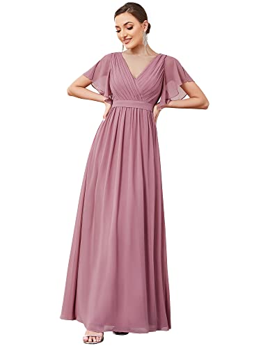 Ever-Pretty Damen Ballkleider Gürtel A-Linie Empire Kurze Ärmel V-Ausschnitt Chiffon Abendkleid Elegant Orchidee 48EU von Ever-Pretty