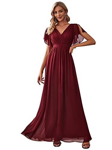 Ever-Pretty Damen Ballkleider Gürtel Lang A-Linie Empire Kurze Ärmel V-Ausschnitt Chiffon Elegant Burgund 40EU von Ever-Pretty