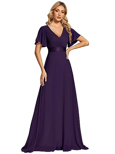 Ever-Pretty Damen Ballkleider Gürtel Lang A-Linie Empire Kurze Ärmel V-Ausschnitt Chiffon Elegant Dunkelviolett 40EU von Ever-Pretty
