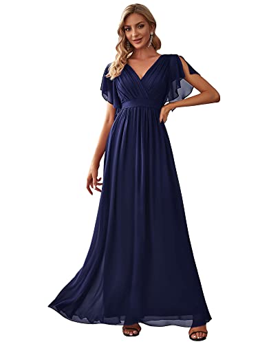 Ever-Pretty Damen Ballkleider Gürtel Lang A-Linie Empire Kurze Ärmel V-Ausschnitt Chiffon Elegant Navy Blau 40EU von Ever-Pretty