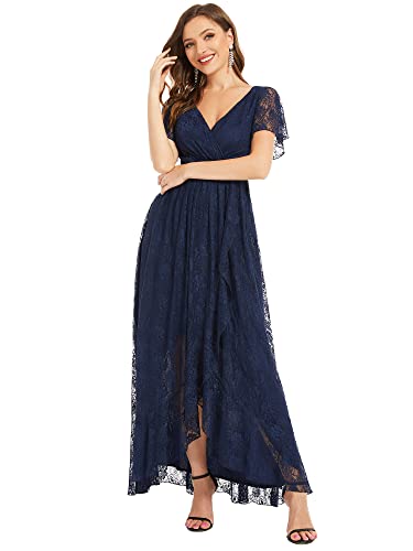 Ever-Pretty Damen Ballkleider Kurze Ärmel V-Ausschnitt High Low Bodenlang Lace Cocktailkleider Navy Blau 40EU von Ever-Pretty