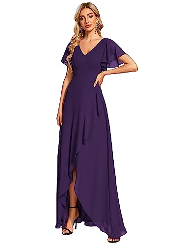 Ever-Pretty Damen Ballkleider V-Ausschnitt Kurze Ärmel Bodenlang Chiffon Rückenfrei Elegant Dunkelviolett 54EU von Ever-Pretty