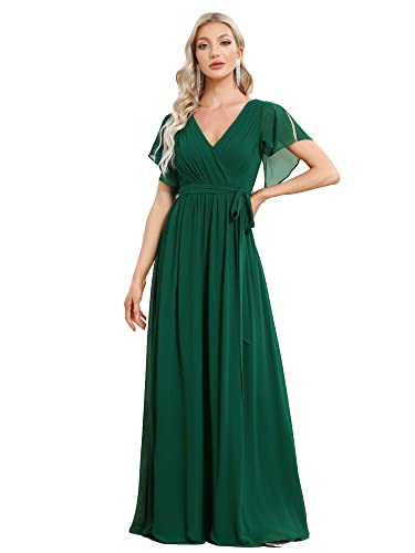 Ever-Pretty Damen Bodenlang Abendkleid Gürtel A-Linie Empire Kurze Ärmel V-Ausschnitt Chiffon Dunkelgrün 46EU von Ever-Pretty