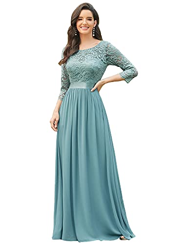 Ever-Pretty Damen Brautjungfernkleid A-Linie Lange Ärmel Spitze Chiffon Rundkragen Hohe Taille Dunkelblau 52 von Ever-Pretty