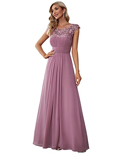 Ever-Pretty Damen Brautjungfernkleid A-Linie Rundkragen Chiffon Spitze Kurze Ärmel Hohe Taille lang Orchidee 54 von Ever-Pretty