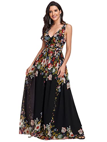 Ever-Pretty Damen Brautjungfernkleid A-Linie V-Ausschnitt Ärmellos Chiffon Hohe Taille Schwarz Und Blumen 36 von Ever-Pretty