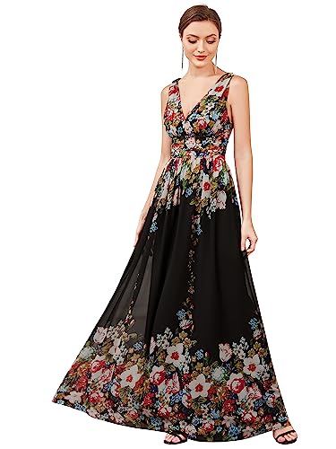 Ever-Pretty Damen Brautjungfernkleid A-Linie V-Ausschnitt Ärmellos Chiffon Hohe Taille Schwarz Und Blumen 44 von Ever-Pretty