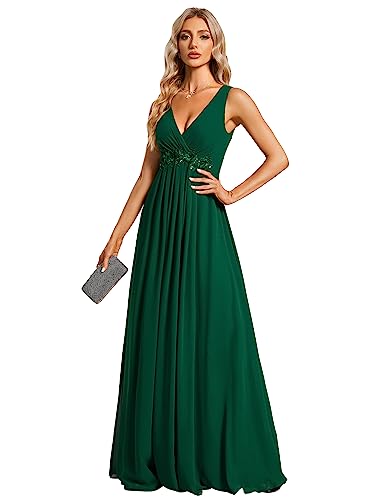 Ever-Pretty Damen Brautjungfernkleider Elegant Maxi Ärmellos V-Ausschnitt Chiffon Rückenfrei Dunkelgrün 38 von Ever-Pretty