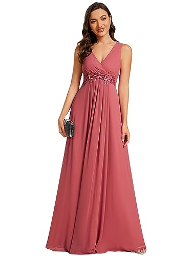 Ever-Pretty Damen Brautjungfernkleider Elegant Maxi Ärmellos V-Ausschnitt Chiffon Rückenfrei Kam Brown 50 von Ever-Pretty