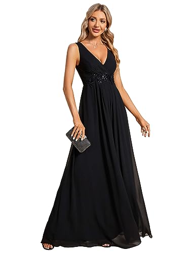 Ever-Pretty Damen Brautjungfernkleider Elegant Maxi Ärmellos V-Ausschnitt Chiffon Rückenfrei Schwarz 48 von Ever-Pretty