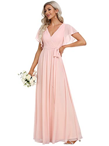 Ever-Pretty Damen Brautjungfernkleider Große Größe Kurze Ärmel Cocktailkleider V-Ausschnitt Chiffon Elegant Rosa 56EU von Ever-Pretty