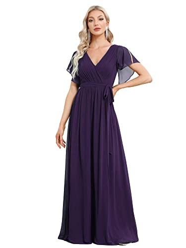 Ever-Pretty Damen Brautjungfernkleider Gürtel A-Linie Empire Kurze Ärmel Cocktailkleider V-Ausschnitt Chiffon Elegant Dunkelviolett 56EU von Ever-Pretty