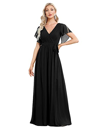 Ever-Pretty Damen Brautjungfernkleider Gürtel Lang A-Linie Empire Kurze Ärmel V-Ausschnitt Chiffon Elegant Schwarz 42EU von Ever-Pretty