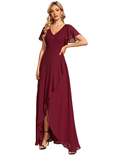 Ever-Pretty Damen Brautjungfernkleider V-Ausschnitt Asymmetrisch Kurze Ärmel Chiffon Rückenfrei Elegant Burgund 42EU von Ever-Pretty