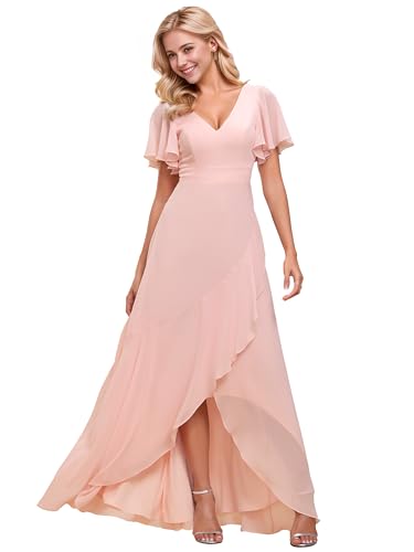 Ever-Pretty Damen Brautjungfernkleider V-Ausschnitt Asymmetrisch Kurze Ärmel Chiffon Rückenfrei Elegant Rosa 42EU von Ever-Pretty