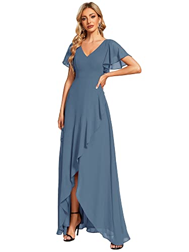 Ever-Pretty Damen Brautjungfernkleider V-Ausschnitt Asymmetrisch Kurze Ärmel Chiffon Rückenfrei Elegant Staubige Marine 42EU von Ever-Pretty