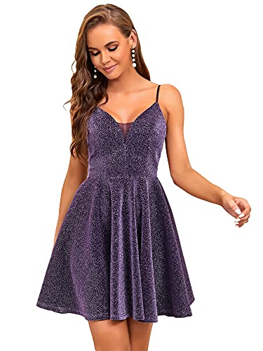 Ever-Pretty Damen Cocktail Kurz V-Ausschnitt Spaghetti-Träger Schulterfrei A-Linie Glitzer Dunkelviolett 36EU von Ever-Pretty