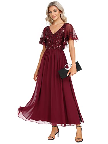 Ever-Pretty Damen Cocktailkleider Abschulter Asymmetrisch Bodenlang Kurze Ärmel Herzausschnitt Elegant Burgund 44EU von Ever-Pretty