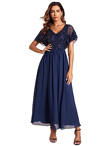 Ever-Pretty Damen Cocktailkleider Abschulter Asymmetrisch Bodenlang Kurze Ärmel Herzausschnitt Elegant Navy Blau 44EU von Ever-Pretty