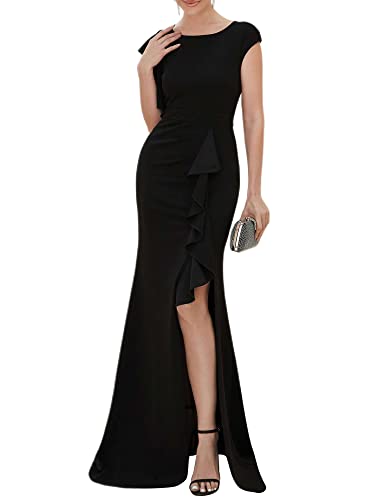 Ever-Pretty Damen Cocktailkleider Lang Split Meerjungfrau Rüschen Ärmel Maxi Elegant Freizeitkleider Schwarz S von Ever-Pretty