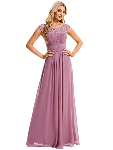 Ever-Pretty Damen Cocktailkleider Rundkragen Asymmetrisch BodenKurze Ärmel Lace Rückenfrei Elegant Orchidee 44EU von Ever-Pretty