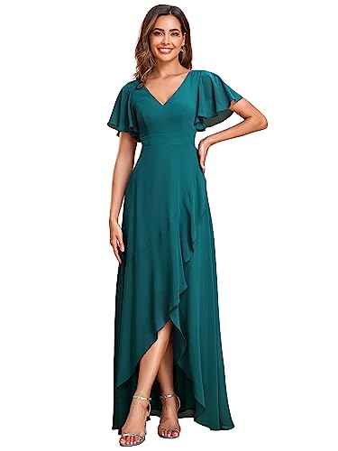 Ever-Pretty Damen Cocktailkleider V-Ausschnitt Asymmetrisch BodenKurze Ärmel Chiffon Rückenfrei Elegant Blaugrün 50 von Ever-Pretty