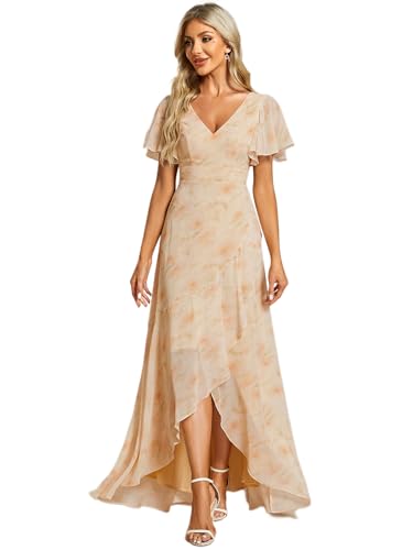 Ever-Pretty Damen Cocktailkleider V-Ausschnitt Asymmetrisch BodenKurze Ärmel Chiffon Rückenfrei Elegant Goldene Rose 38EU von Ever-Pretty